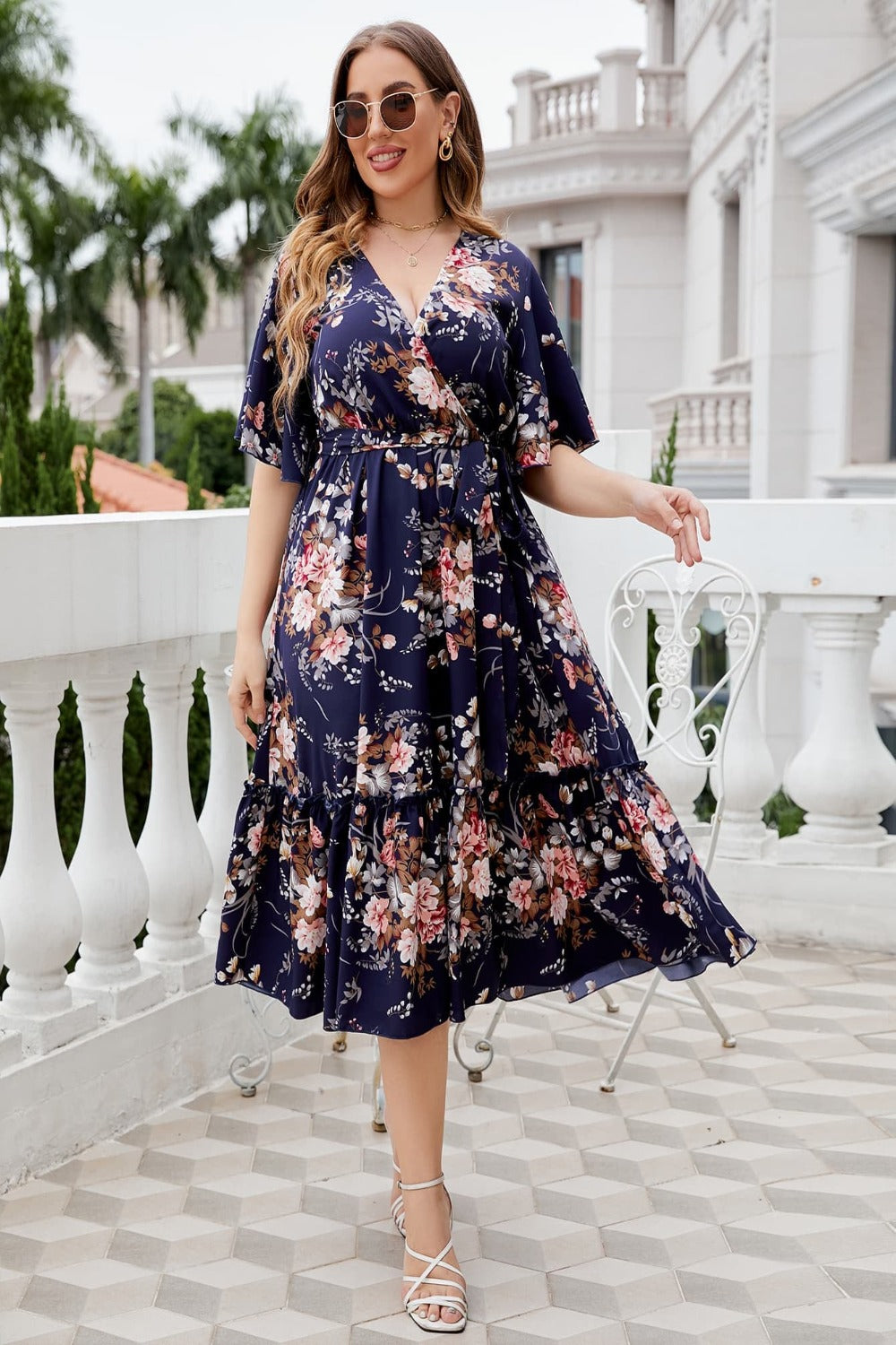 Floral Surplice Neck Midi Dress