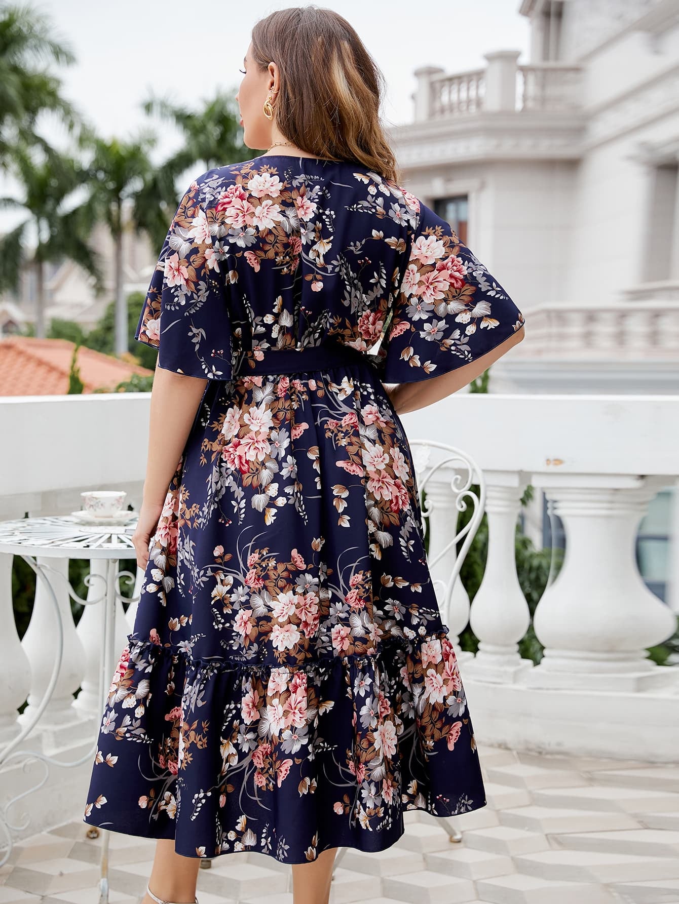 Floral Surplice Neck Midi Dress